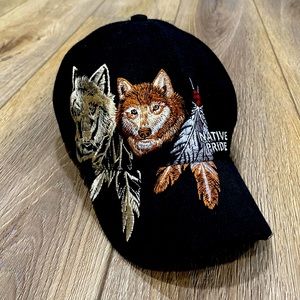 NATIVE PRIDE Embroidered Wolves Feathers Black Adjustable Hat